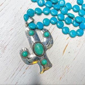 Turquoise Cactus Pendant Silver Necklace